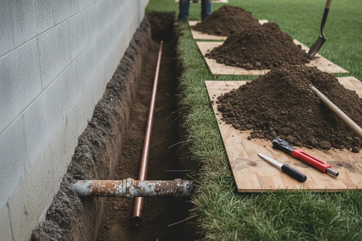 Excavated water line trench during Water Softener Installation in Philo